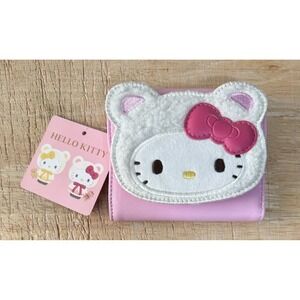 NEW Sanrio Hello Kitty Big Fuzzy Fur Face Folding Tri-fold snap Wallet